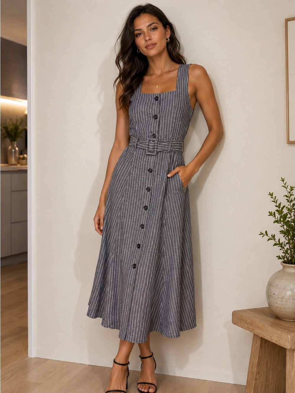Banana Republic Gray Pinstriped Midi Dress with Belt